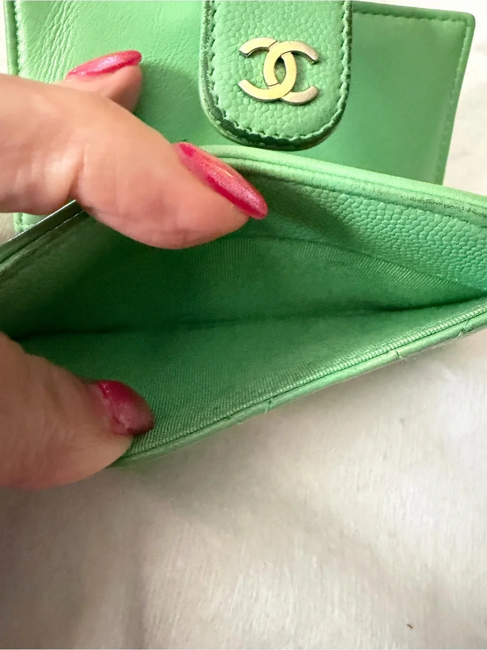 CHANEL Green Caviar Leather Compact Quilted Wallet, Gold CC Logo-FULL INCLUSION!